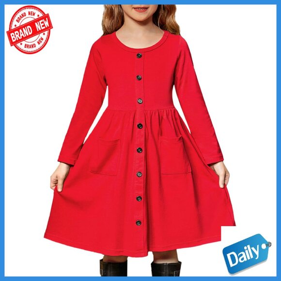 Girls Cotton Spandex Midi Dress with Pockets Long Sleeve A-Line